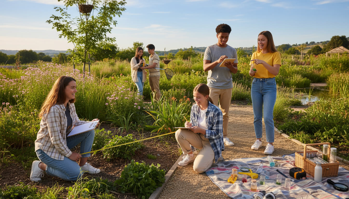 Photo Idea : Students collaborating on a CAS project outdoors, measuring or collecting data