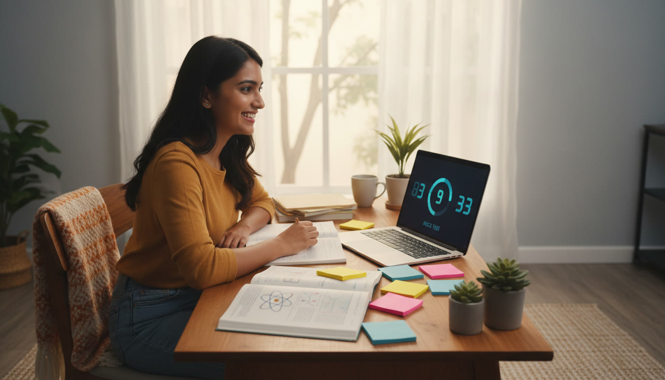 Photo Idea : Student at a tidy desk with colorful sticky notes, textbooks, and a laptop showing a mock test timer
