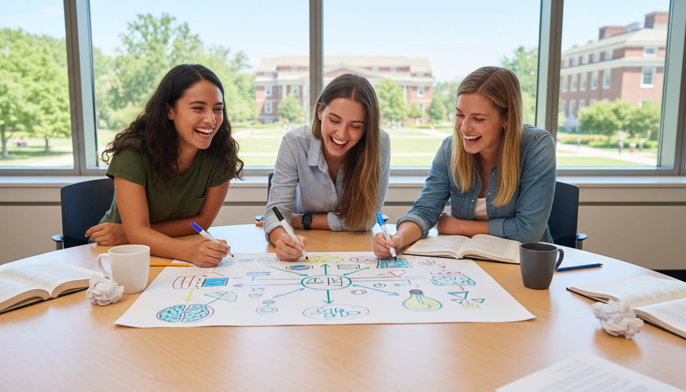 Photo Idea : A small group of students around a bright table, sketching a TOK mind-map on paper