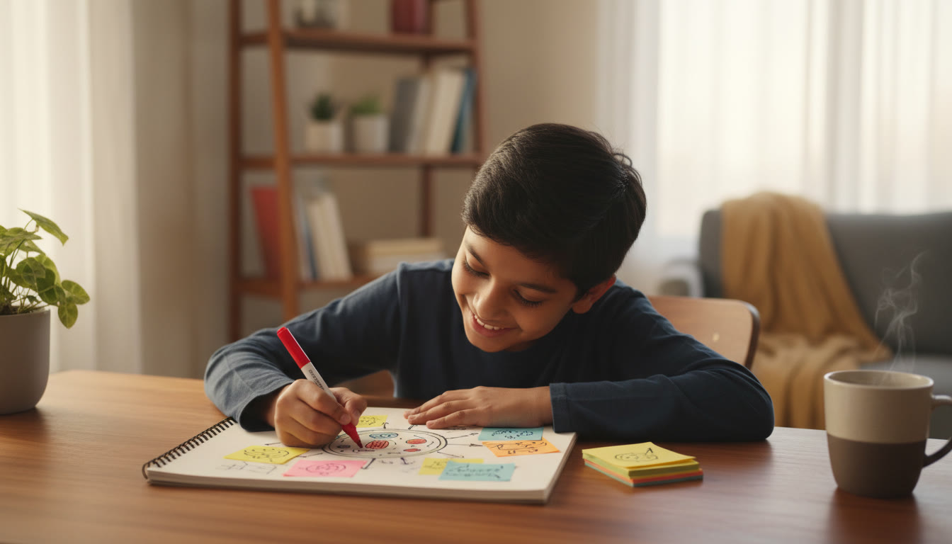 Photo Idea : Close-up of a student marking a biology diagram while using color-coded sticky notes