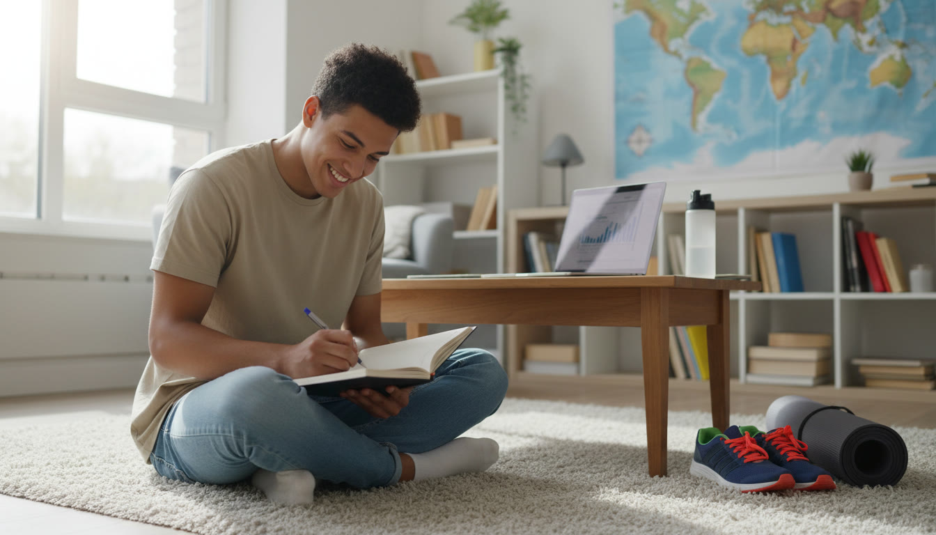 Photo Idea : Student writing in a reflective journal with a laptop and sports shoes nearby, showing study and activity balance