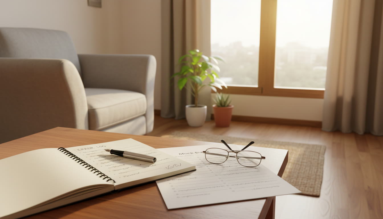 Photo Idea : Open notebook with an error log in neat handwriting, a pen, and a half-completed mock paper nearby