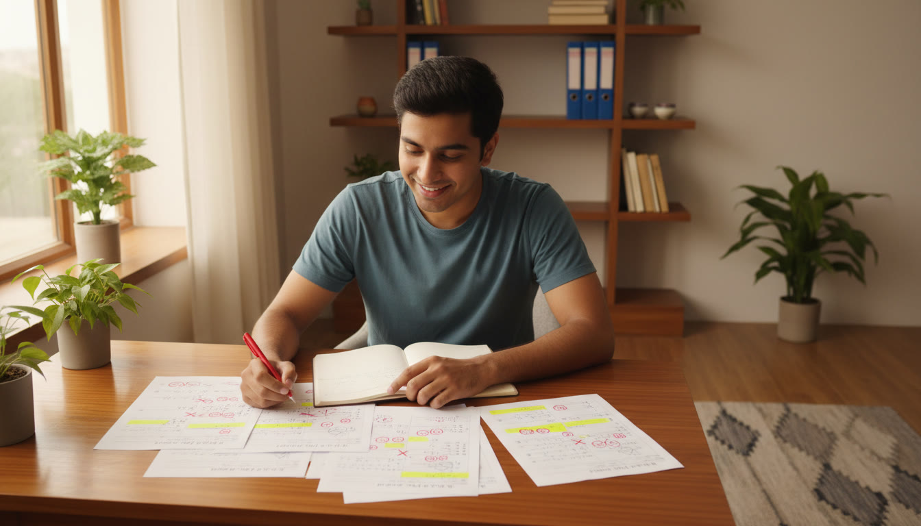 Photo Idea : A student reviewing a mock test with highlighted mistakes and a red pen