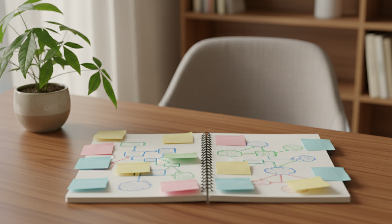 Photo Idea : Close-up of a notebook with a mind-map of Biology topics and colored sticky notes for revision