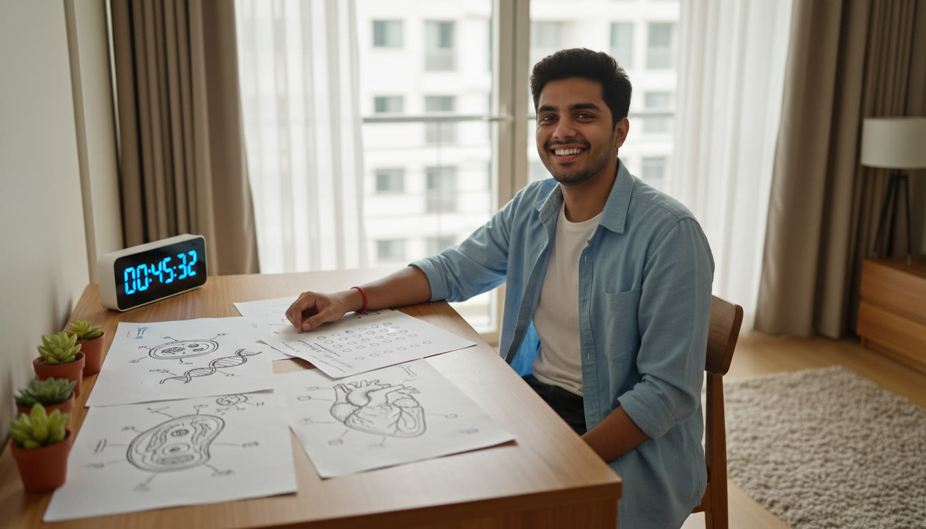 Photo Idea : Student at a tidy study desk with biology diagrams, a clock showing timer, and a mock test sheet