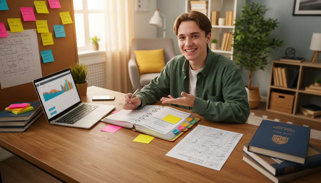 Photo Idea : A student at a desk with planners, sticky notes for deadlines, and a checklist labeled admissions tasks