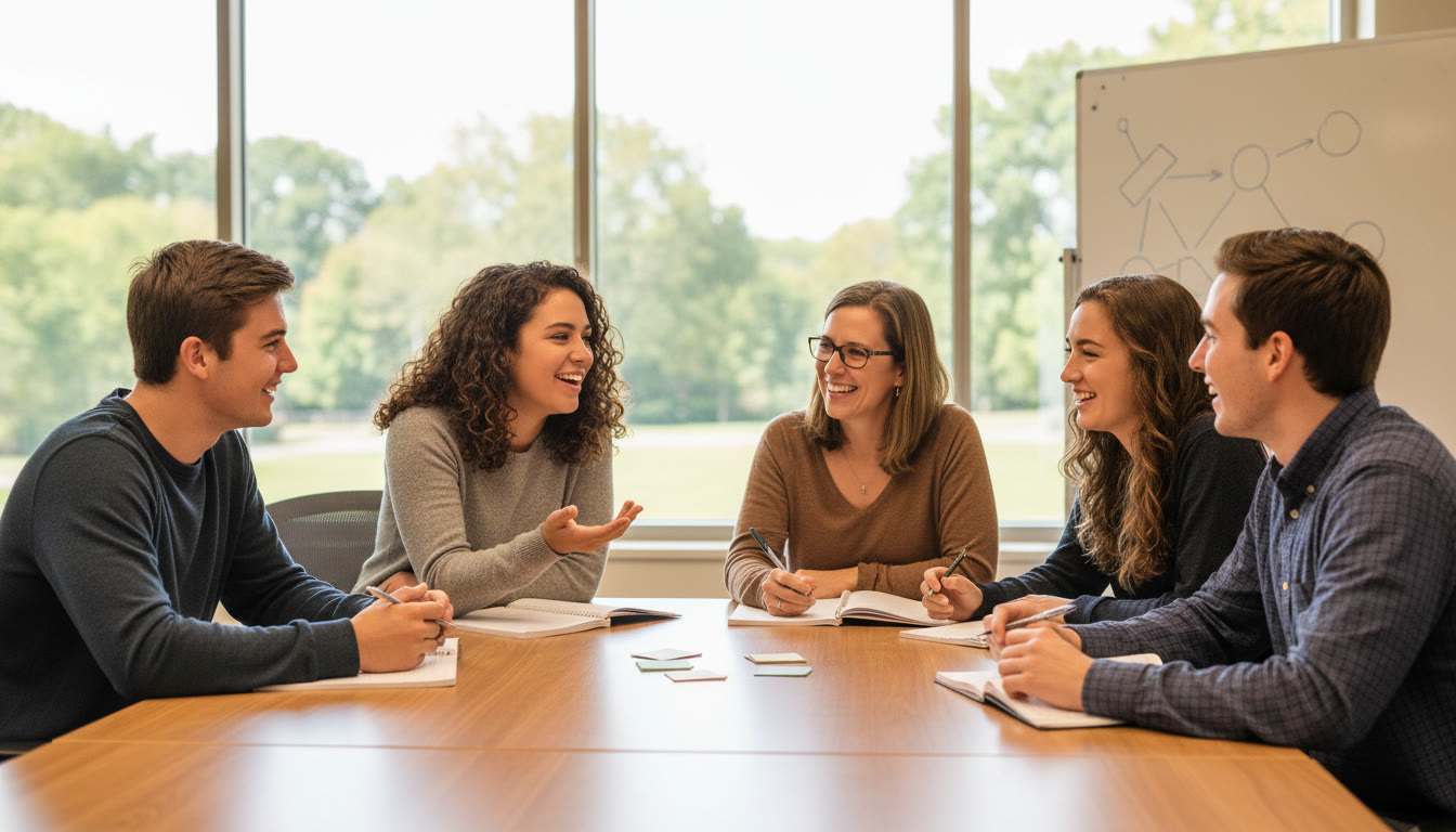 Photo Idea : A small group tutoring session practicing interview answers
