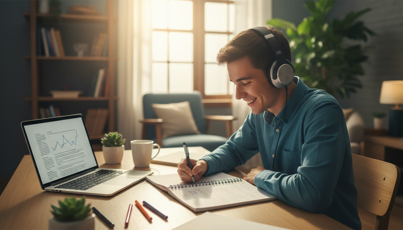 Photo Idea : Student writing in a notebook with headphones and a laptop showing a transcript
