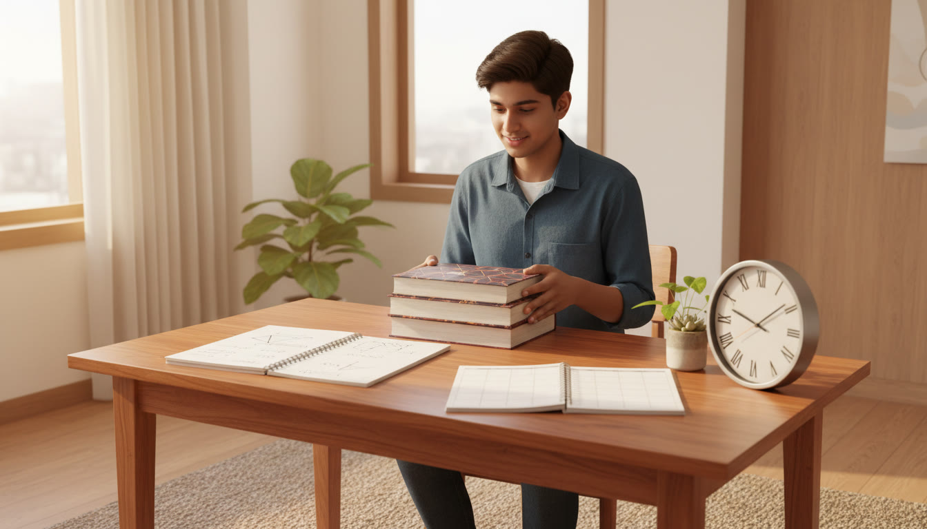 Photo Idea : A focused student at a desk balancing school books and NEET notes, with a clock and a planner visible