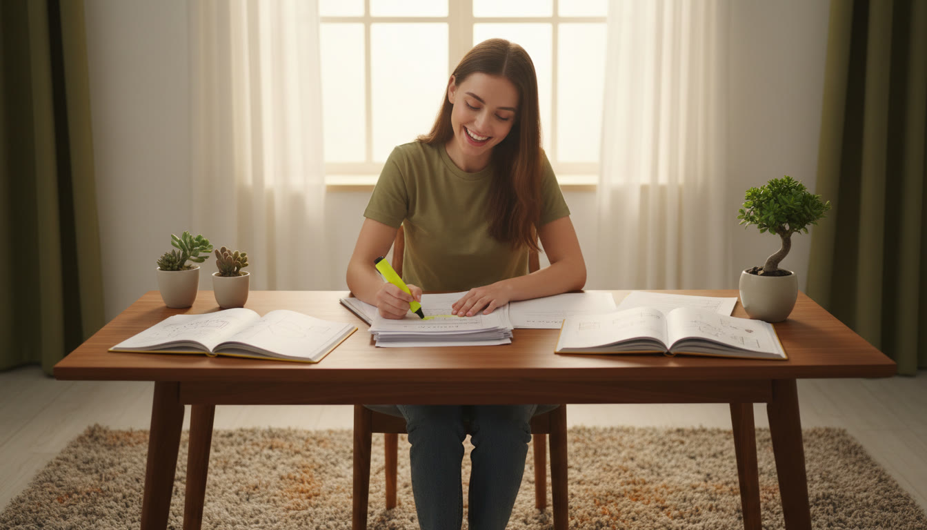Photo Idea : A student marking mistakes on a mock test with a highlighter and notes beside