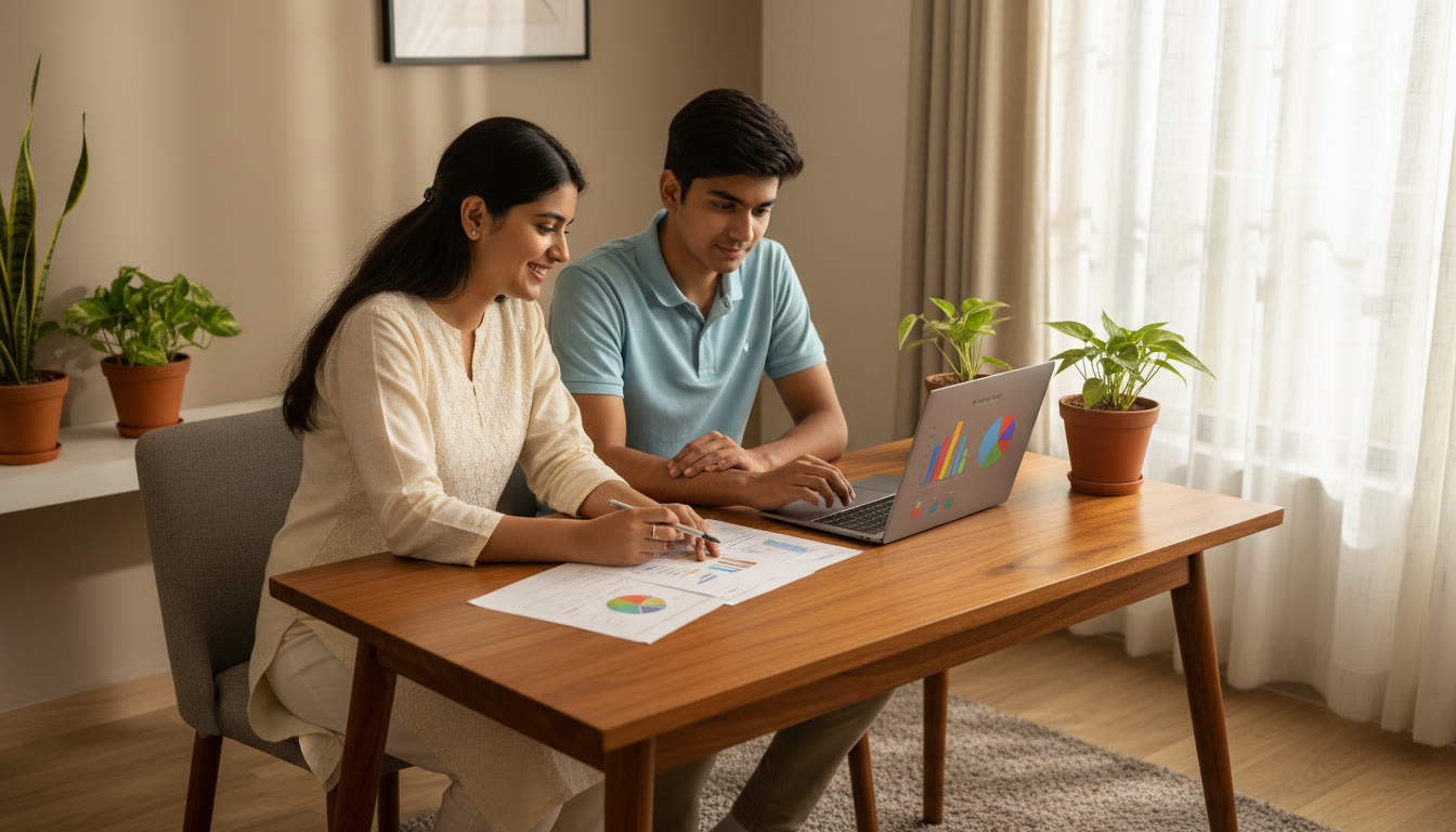 Photo Idea : a tutor and student reviewing a mock test printout together with a laptop showing ranked analytics