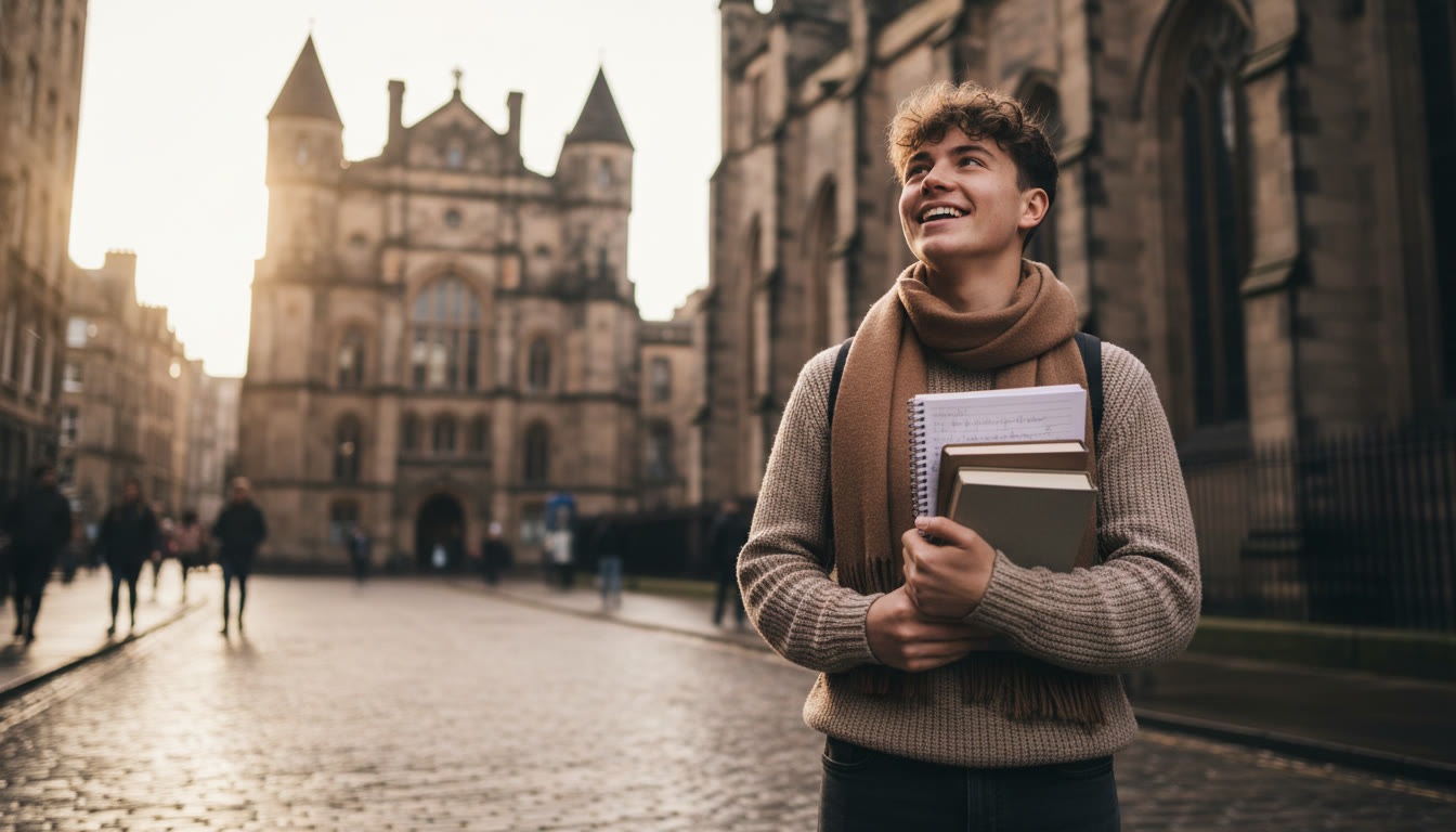 Photo Idea : Student standing on a cobbled Edinburgh street holding notes and a small stack of IB books, looking up at a university building