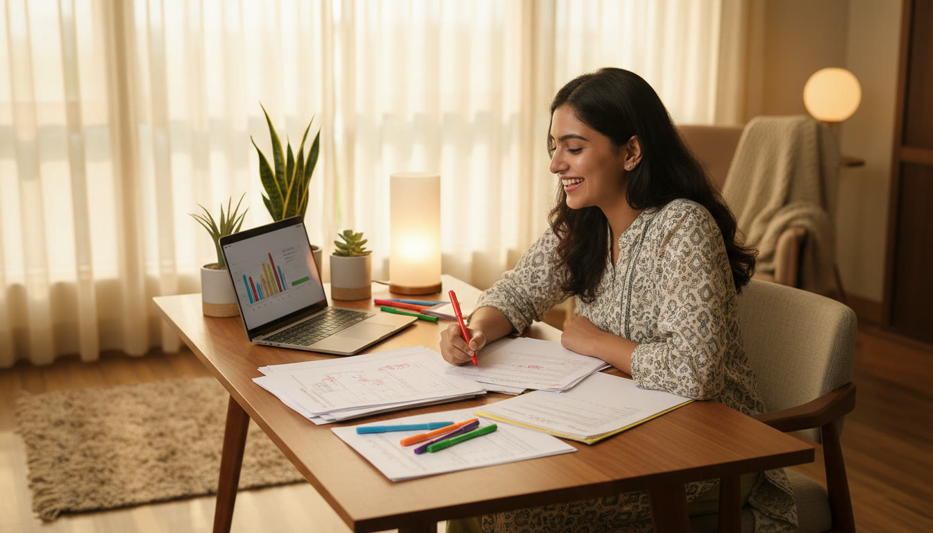 Photo Idea : Student at a desk reviewing marked mock test papers with colored pens and a laptop