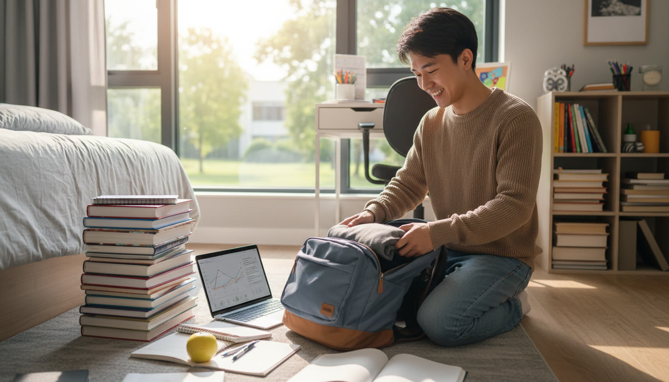 Photo Idea : An IB student smiling as they pack a backpack next to a pile of textbooks and a laptop