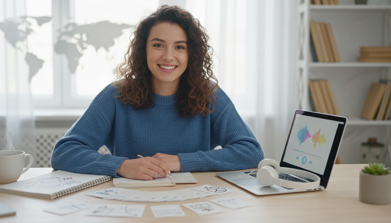 Photo Idea : Student at a tidy desk studying French with flashcards, notebook and a laptop open to a spoken practice file