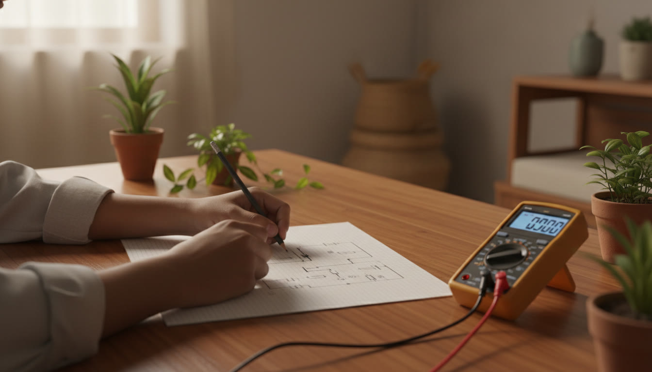 Photo Idea : Close-up of a student drawing a labeled circuit diagram on graph paper with a multimeter beside it