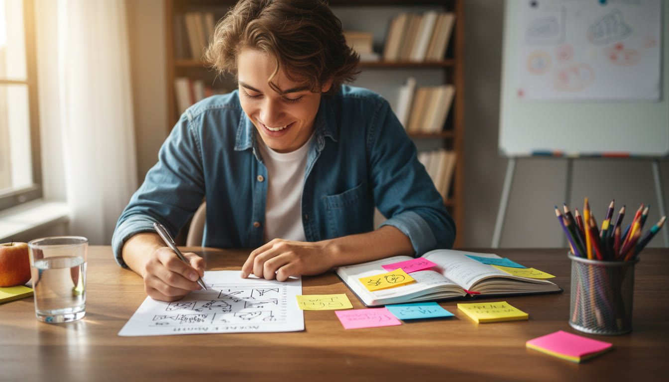 Photo Idea : a student at a desk reviewing a mock exam paper with a planner and colored sticky notes