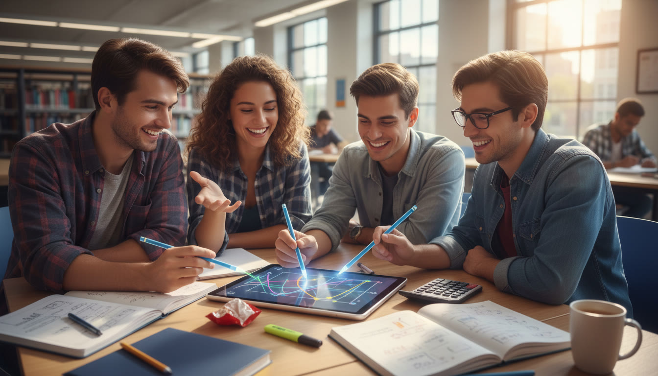 Photo Idea : Students collaboratively annotating a graph on a tablet with a calculator and notes nearby