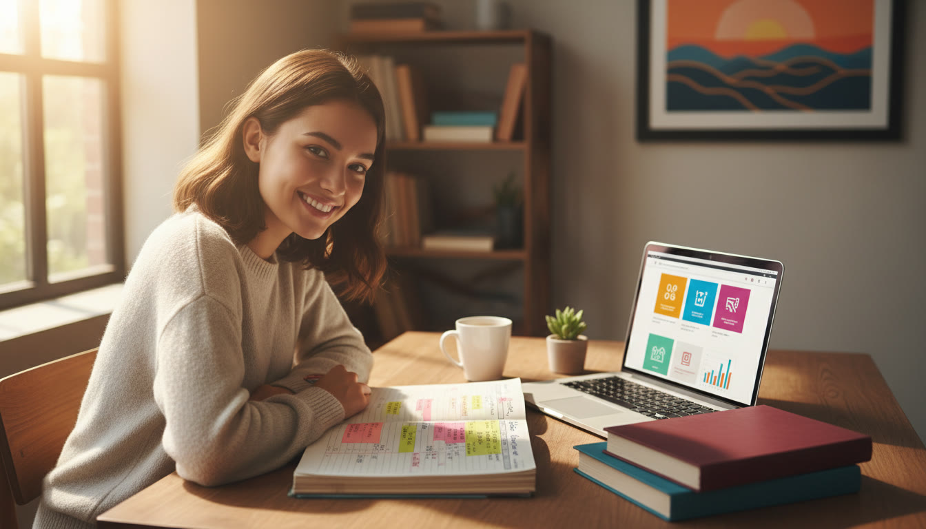 Photo Idea : A focused student at a sunny desk surrounded by IB textbooks, a laptop showing UQ course pages, and a notebook with highlighted deadlines