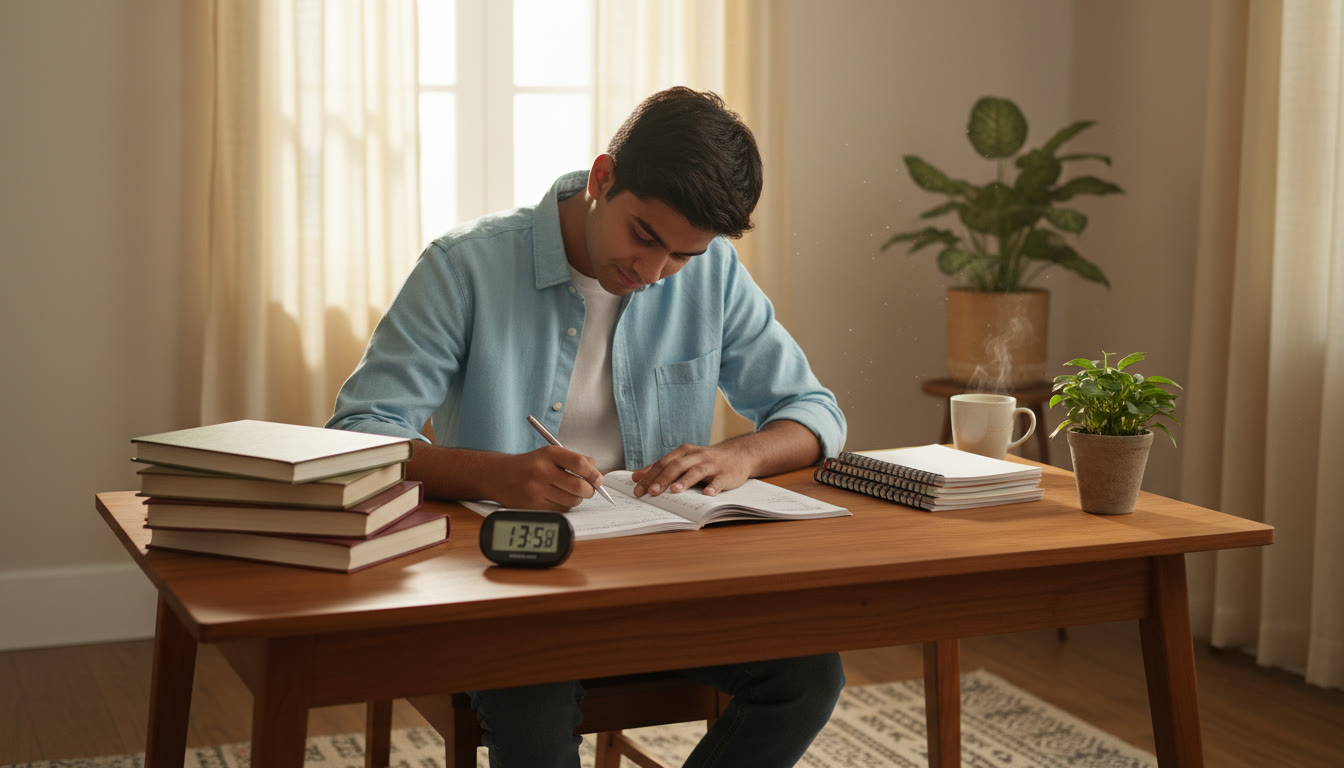 Photo Idea : a focused student at a desk taking a timed mock test with books and a stopwatch