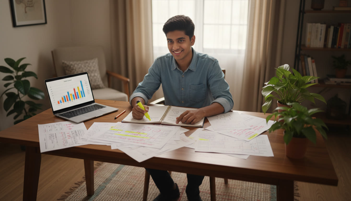 Photo Idea : A student analyzing marked mock test papers with a highlighter, notebook, and a laptop showing a score chart