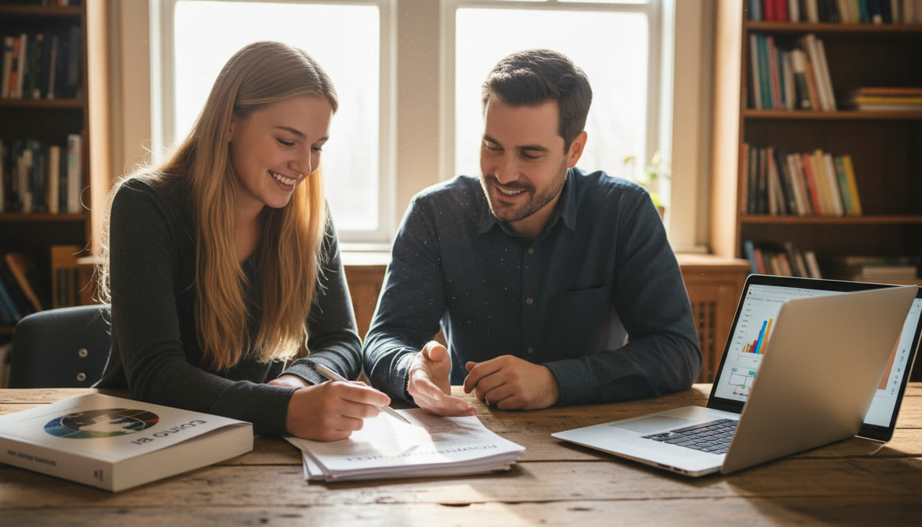 Photo Idea : Student and teacher reviewing a recommendation packet at a wooden table with an IB guide and laptop