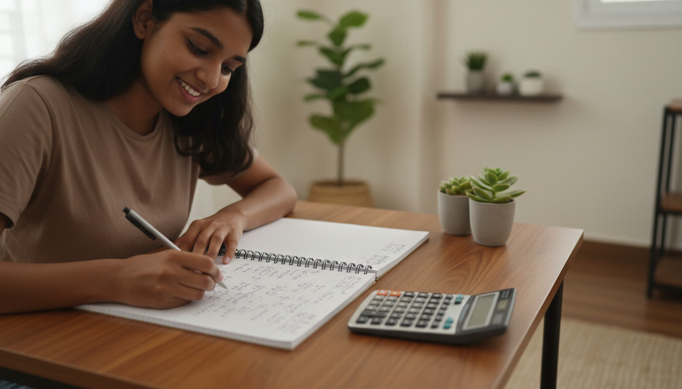 Photo Idea : Close-up of a student writing complex equations in a notebook with a calculator nearby