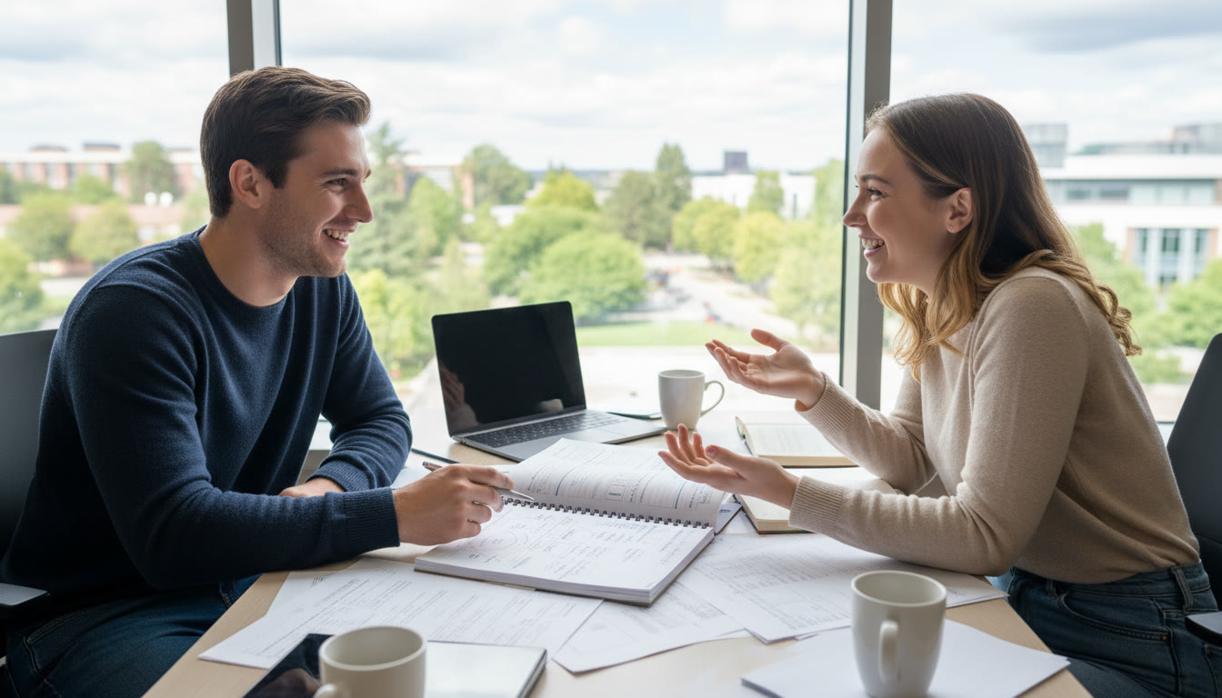 Photo Idea : Two students discussing notes by a window with an open notebook labeled “EE plan”