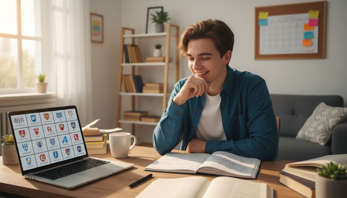 Photo Idea : A focused student at a desk with IB notes, a laptop showing a university shortlist and a wall calendar