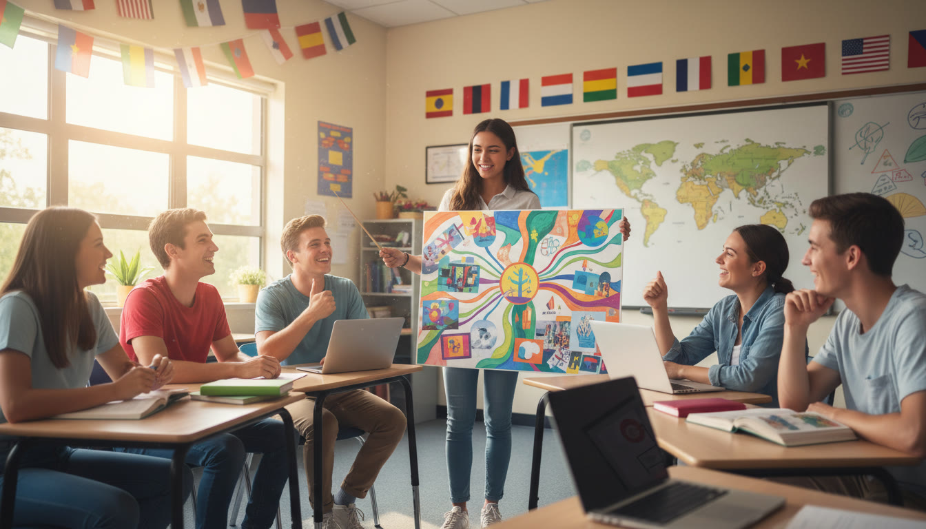 Photo Idea : Student presenting a colorful poster board to smiling peers in a classroom