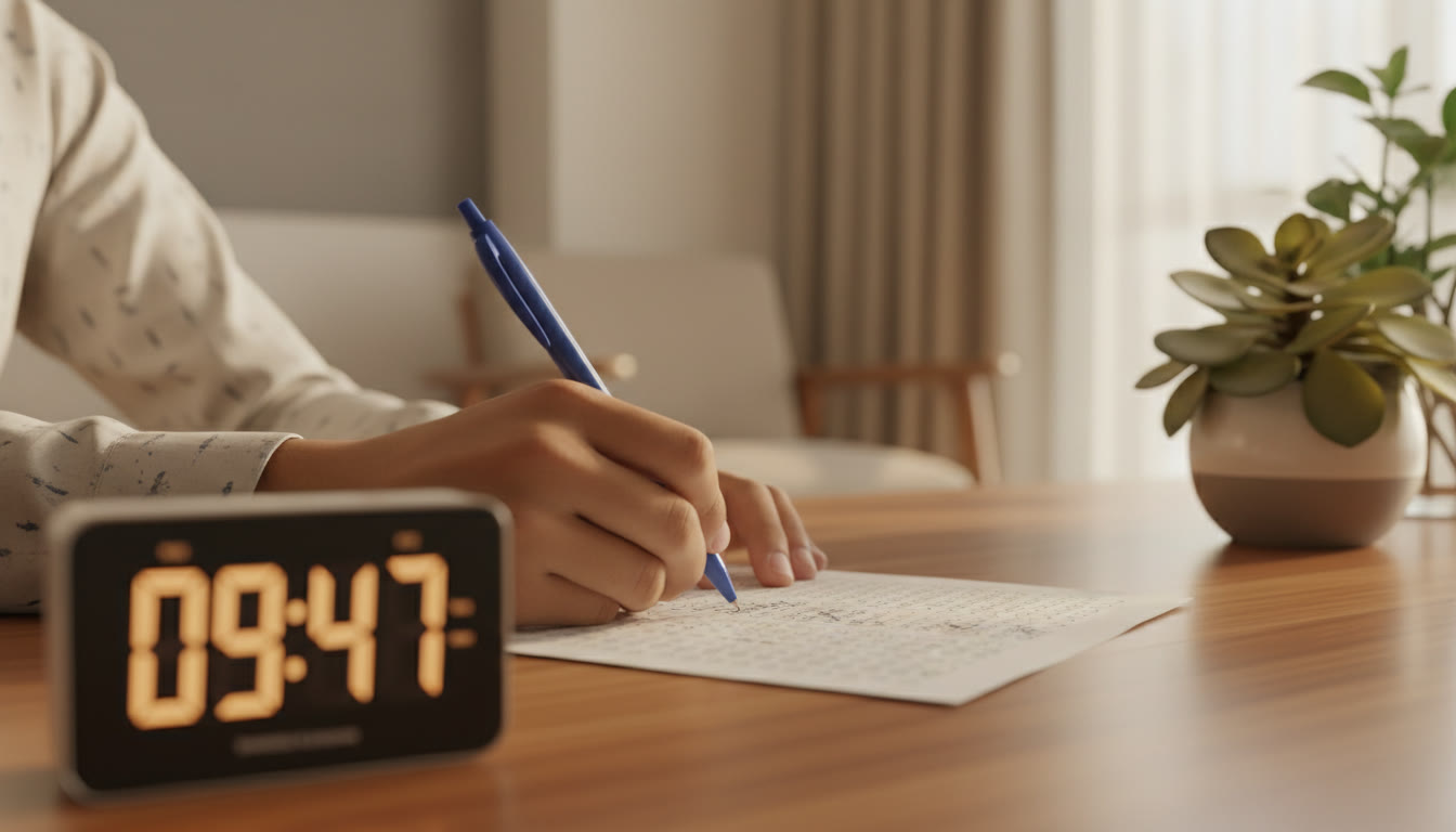 Photo Idea : Close-up of a student’s hand filling an answer sheet with a focused timer on the desk