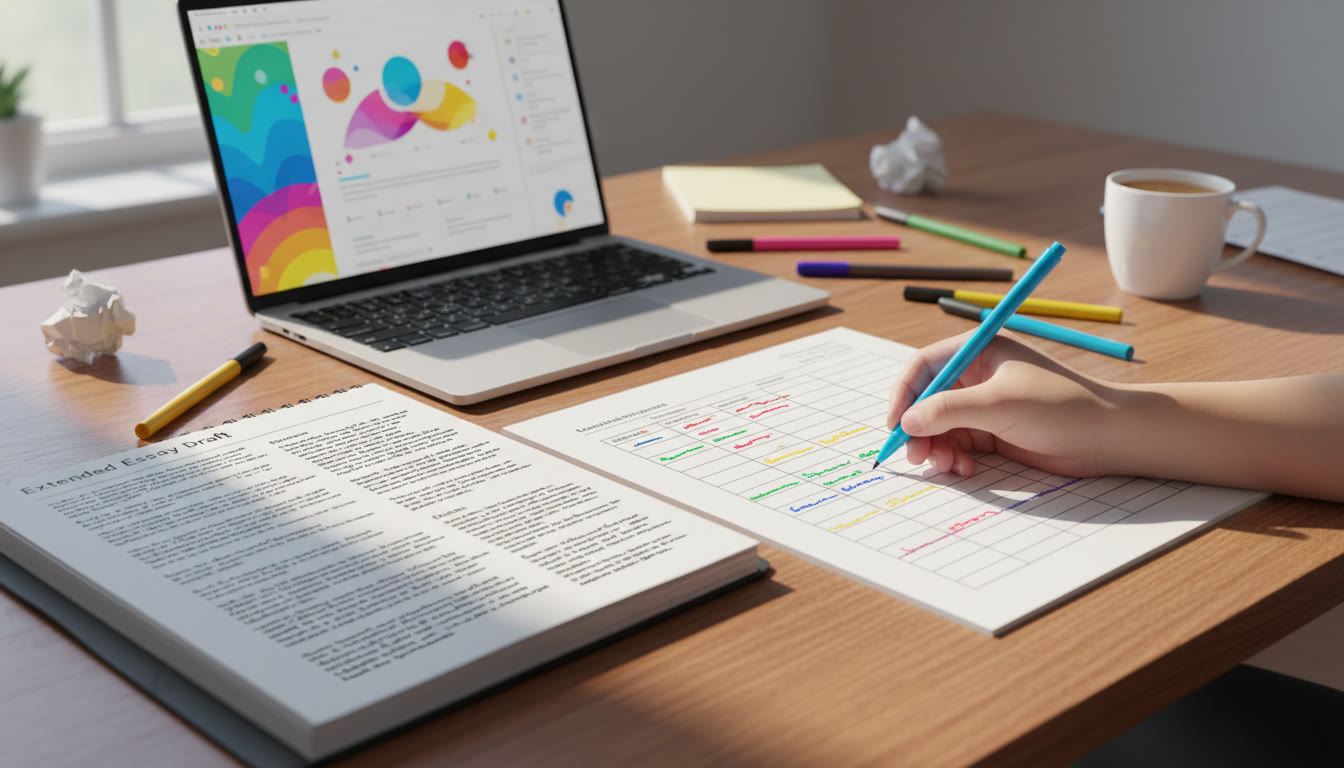 Photo Idea : A comparison table being filled in with colored pens on a desk beside an EE draft and a laptop