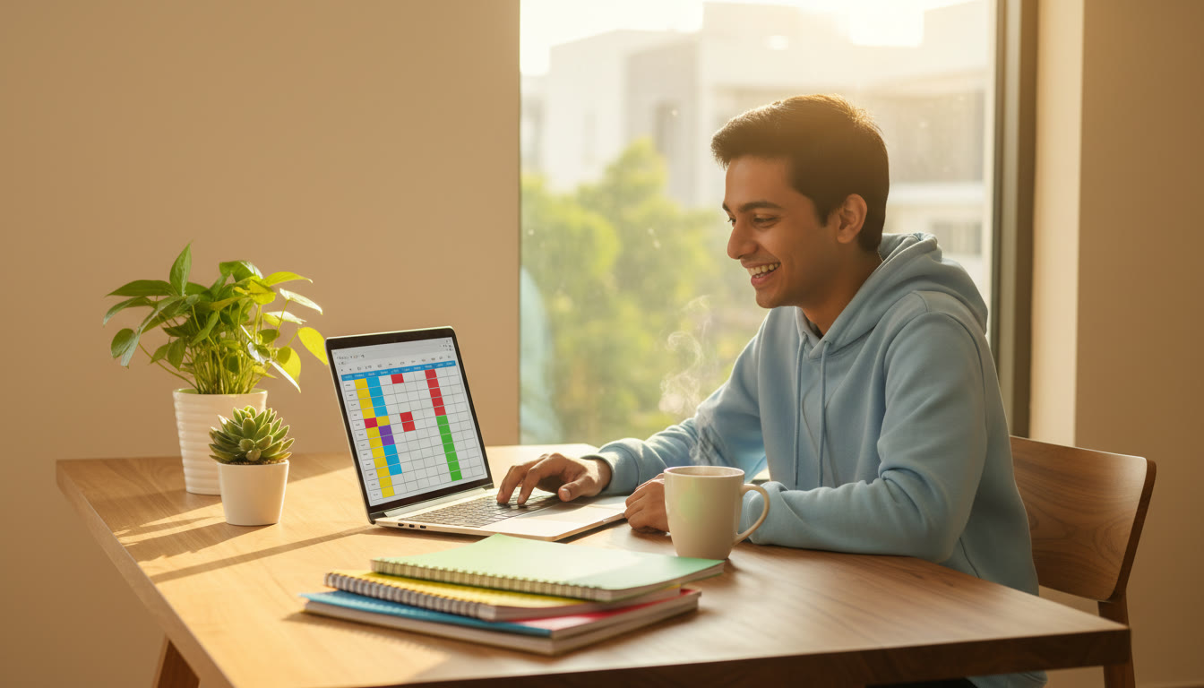 Photo Idea : Student at a tidy desk with color-coded notebooks, laptop open to a timetable, and a cup of coffee
