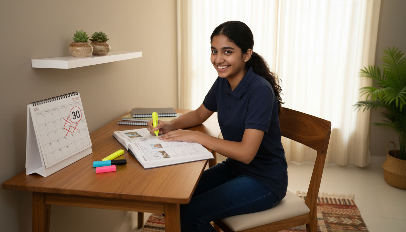Photo Idea : Student at a tidy study desk with an open textbook, highlighters and a 30-day countdown calendar
