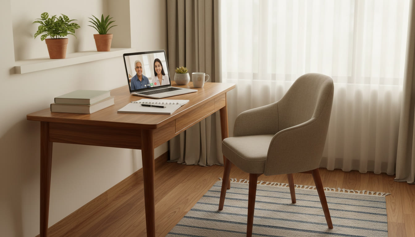 Photo Idea : A calm study corner with a notebook, ISC textbooks, and a laptop showing a one-on-one online tutoring session