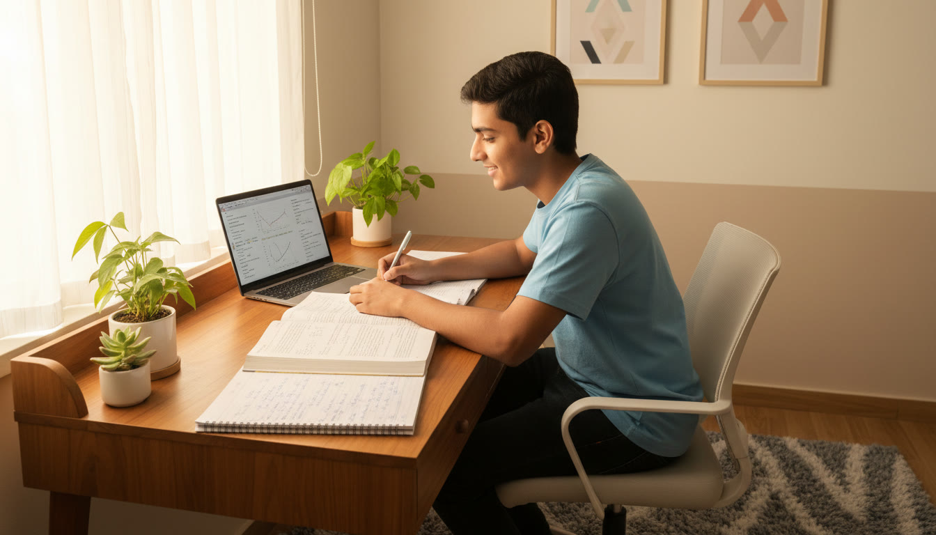 Photo Idea : A focused Class 11 student studying at a tidy desk, with textbooks, a notebook, and a laptop, highlighting concentration and organized notes.