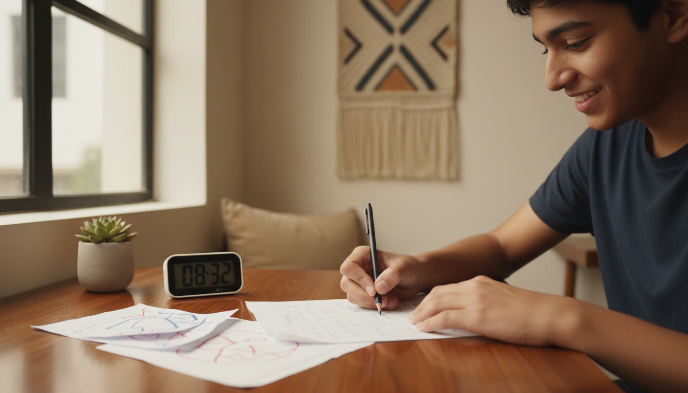 Photo Idea : Close-up of a student reworking a maths problem on paper with a timer and correction notes nearby