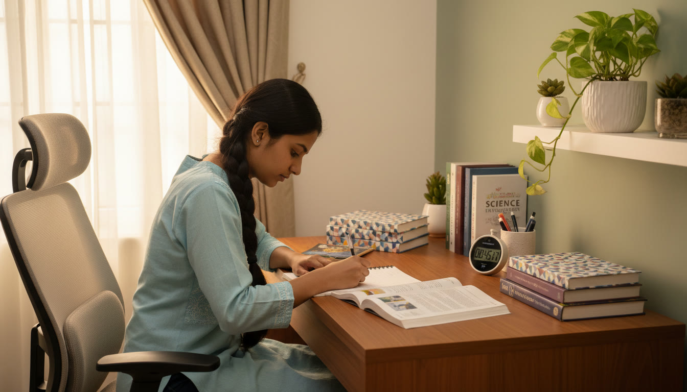 Photo Idea : A focused student writing neatly at a desk with textbooks stacked and a visible stopwatch nearby