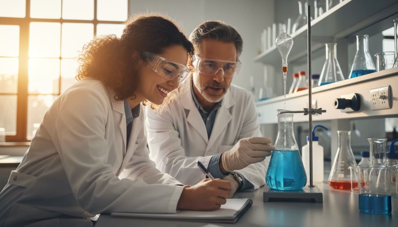 Photo Idea : Student working with a mentor in a lab, wearing safety goggles and taking notes