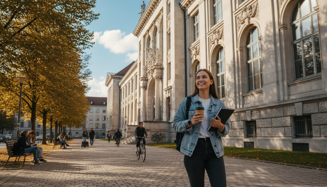 Photo Idea : Student walking past a historic university building on a sunny Munich day