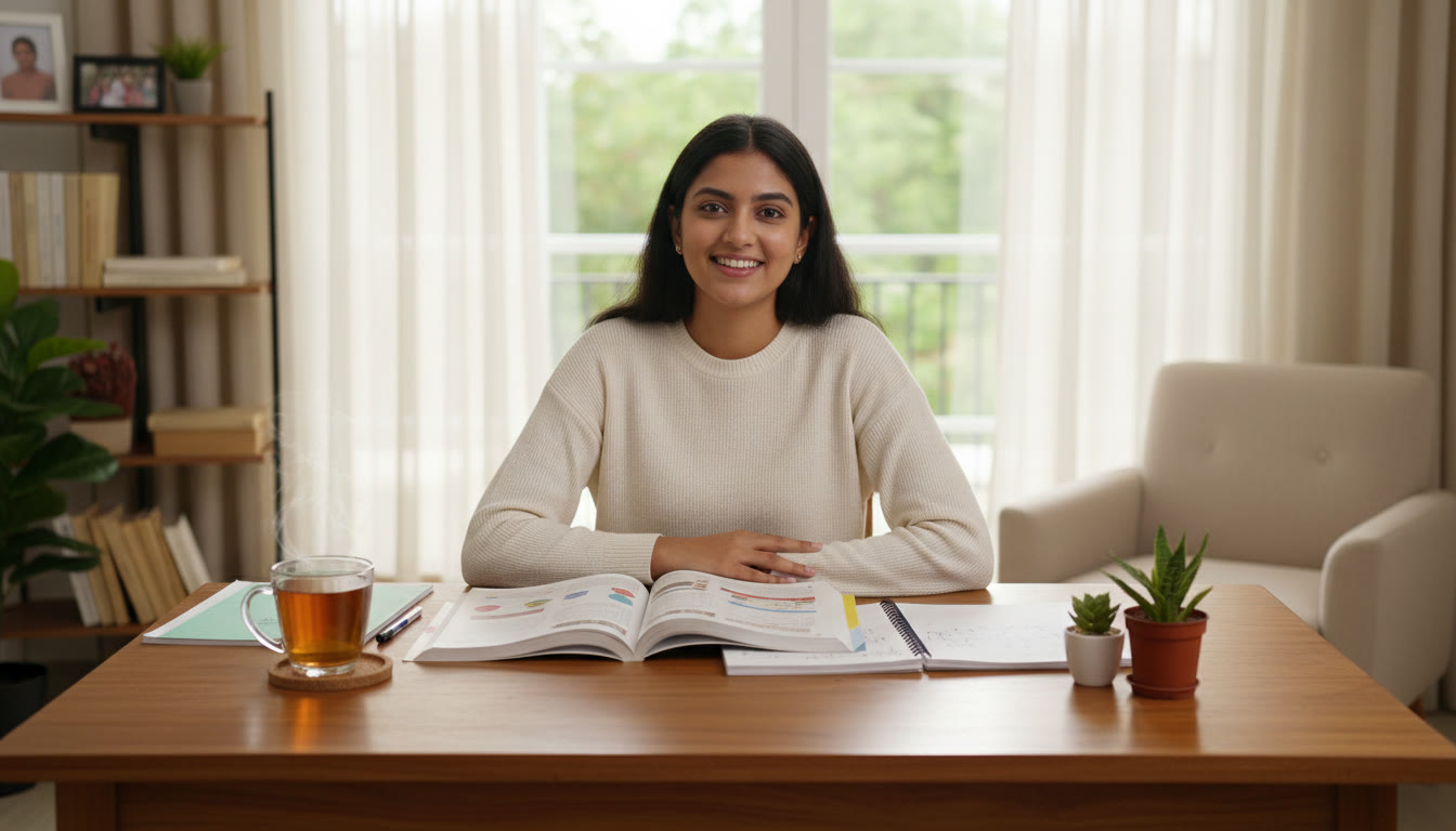 Photo Idea : Student at a tidy study desk with an open Chemistry textbook, notebook, and a cup of tea
