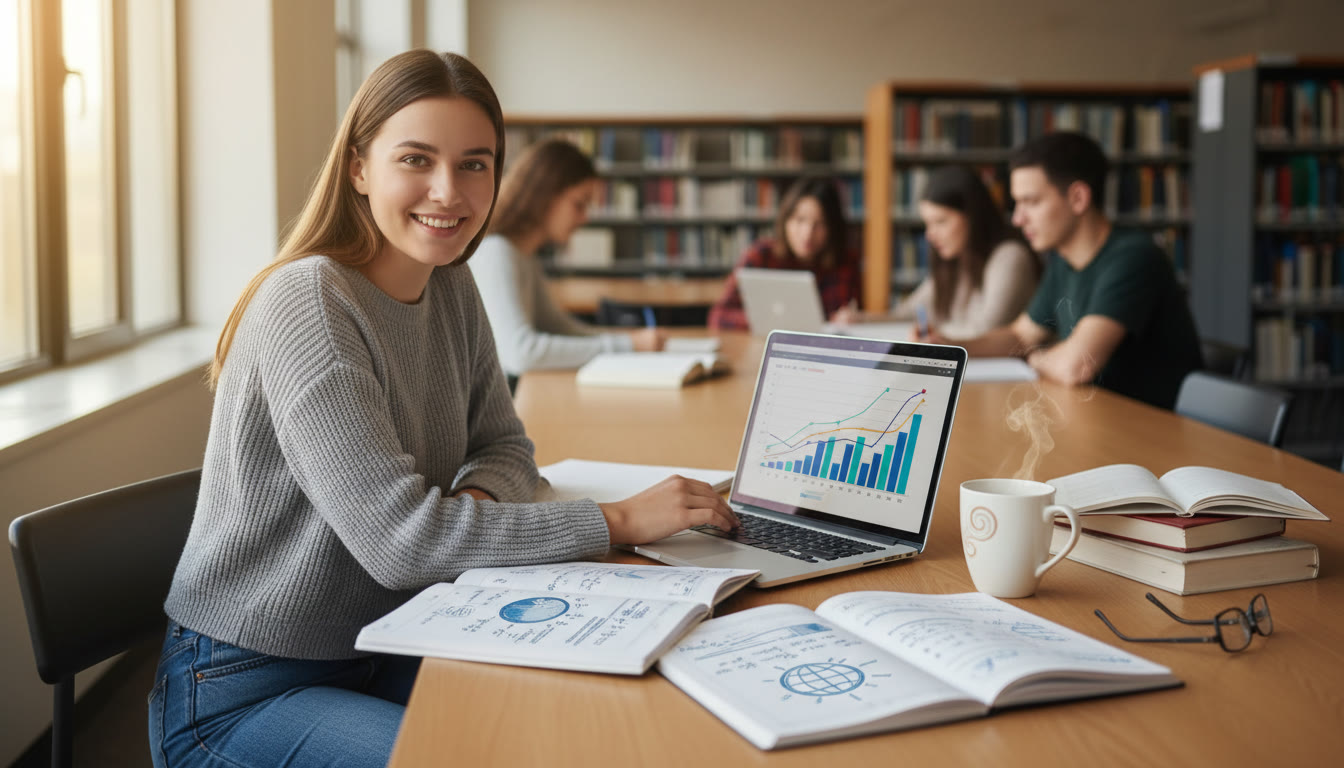Photo Idea : Student studying at a library table with IB notes, a laptop showing charts, and a cup of coffee
