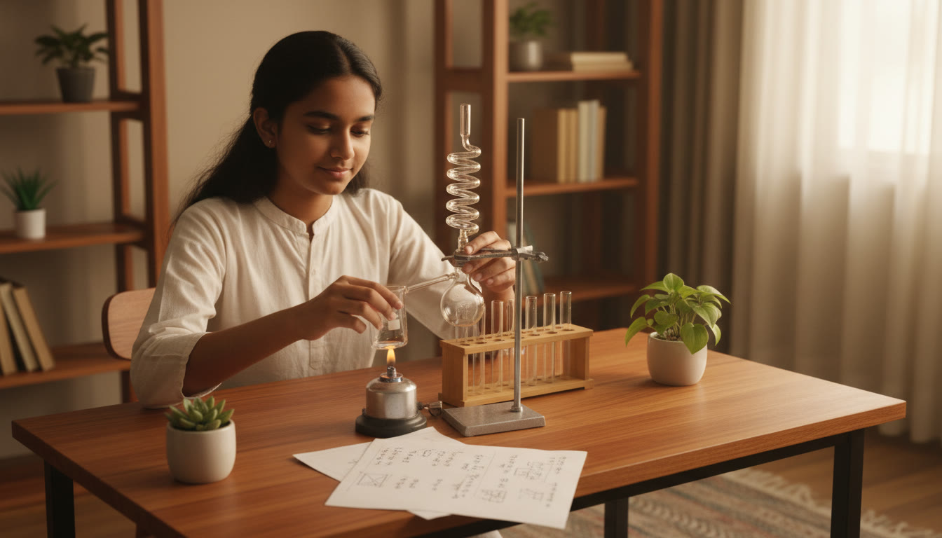 Photo Idea : A focused student carefully setting up a simple lab experiment with neat handwritten notes beside them