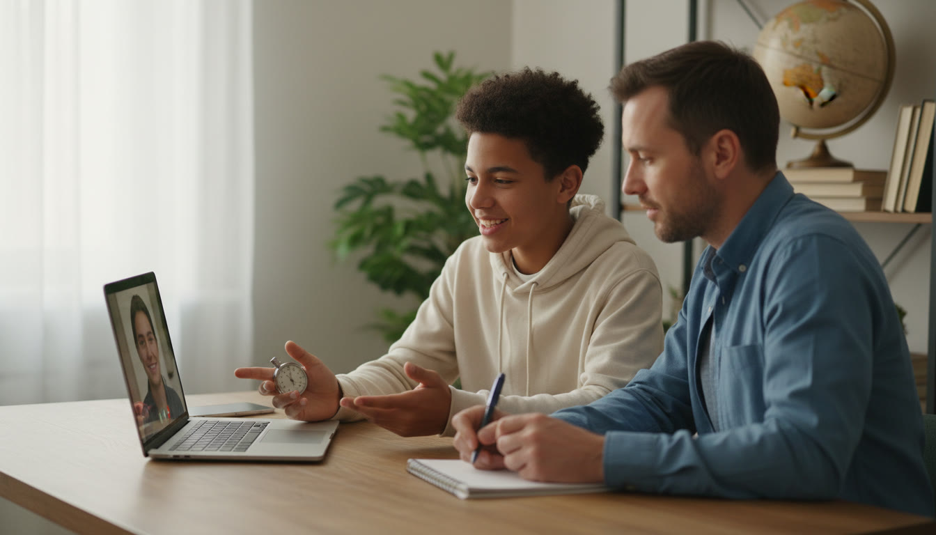 Photo Idea : Student practicing an interview on a laptop while a parent times and takes notes