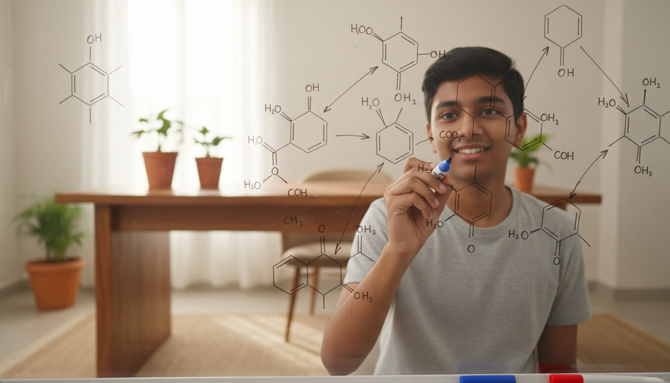 Photo Idea : Close-up of a student solving a chemistry reaction map on a whiteboard