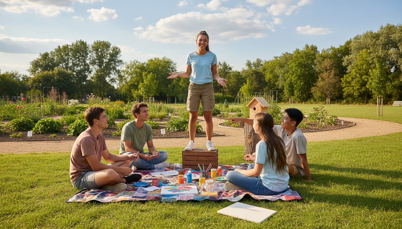 Photo Idea : small group doing a CAS project outdoors with a student leading a discussion