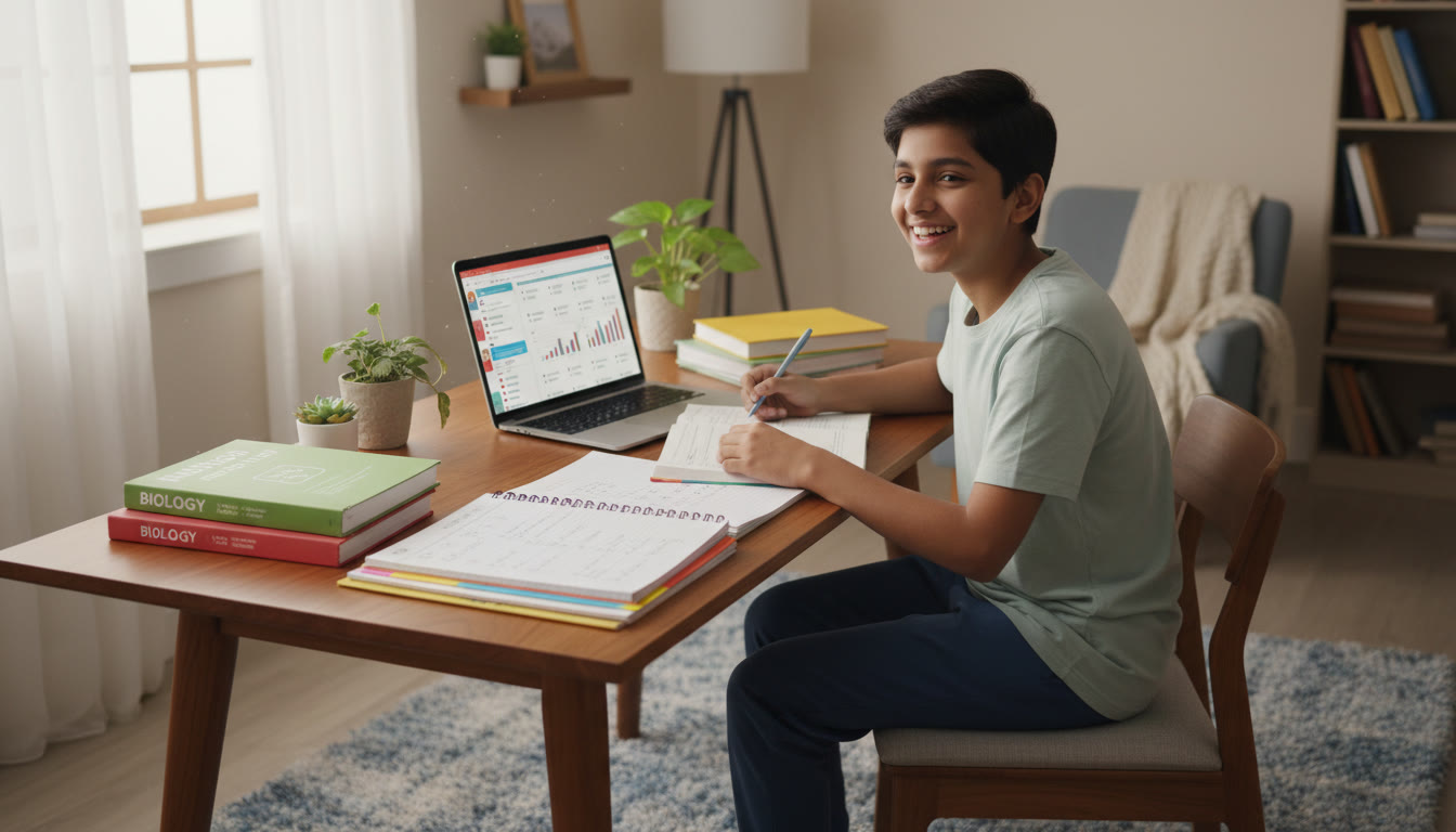 Photo Idea : Student at a desk with open books, a laptop showing practice questions, and neatly organized notes