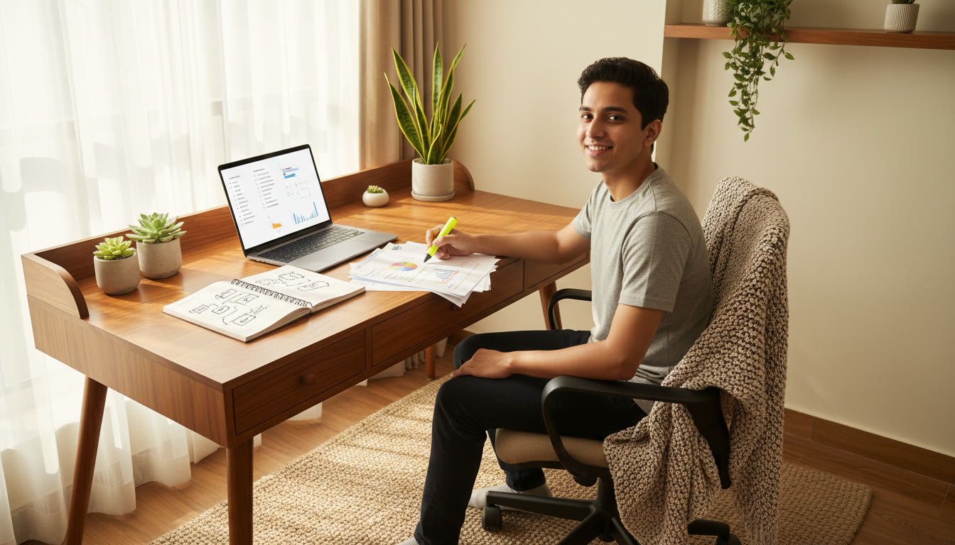 Photo Idea : A student sitting at a desk with a printed mock test, a highlighter, a laptop showing PYQ lists, and an open notebook for error analysis