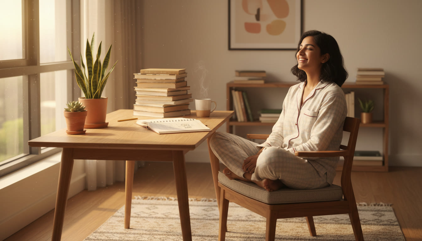 Photo Idea : A student at a tidy desk at sunrise, books stacked, notebook open, warm light pouring over study materials