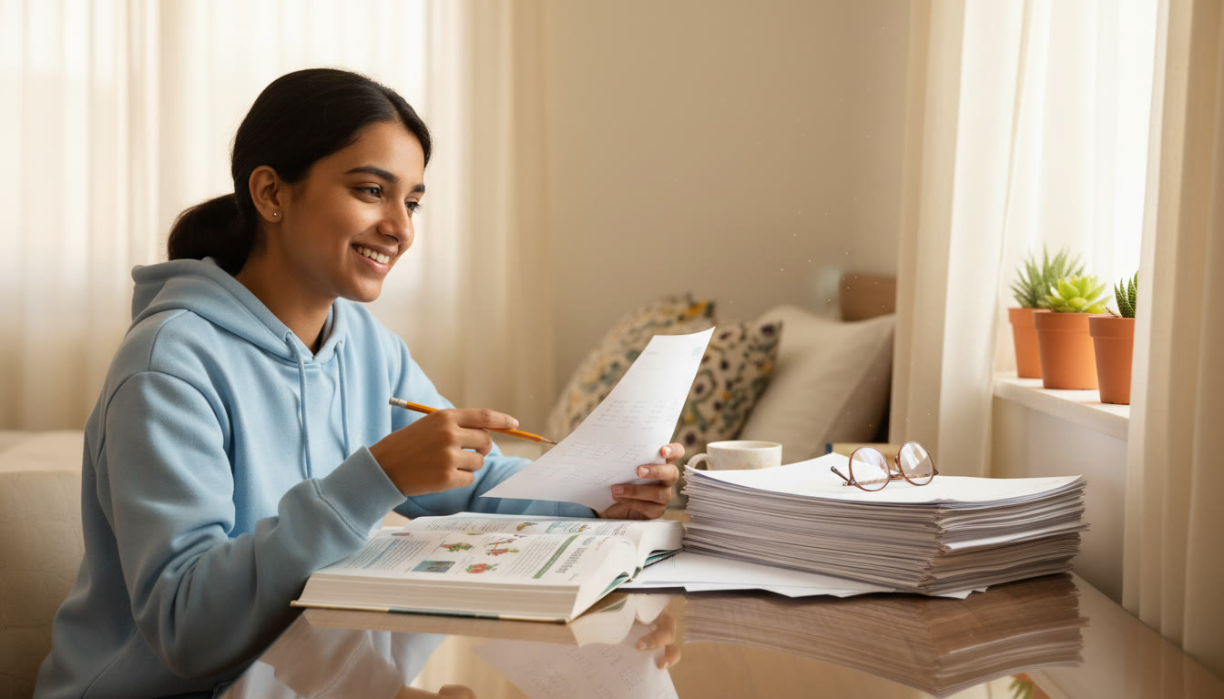 Photo Idea : Student at a study desk comparing an ISC Biology textbook and a stack of MCQ practice sheets